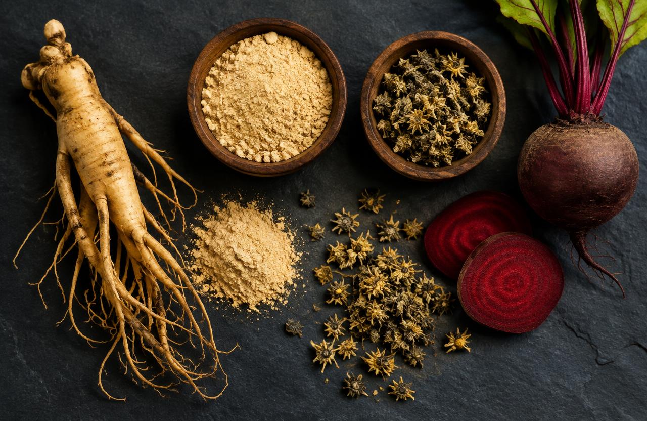 Herbal ingredients such as ginseng root, maca and beetroot