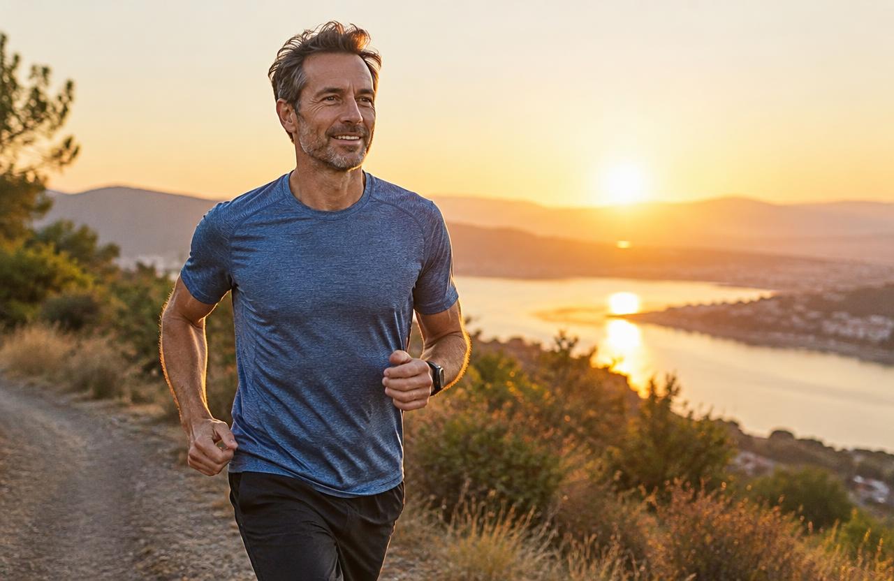Man in his forties jogging at sunrise